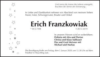 Traueranzeige von Erich Franzkowiak von Pegnitz-Zeitung