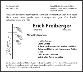 Traueranzeige von Erich Freiberger von Hersbrucker Zeitung