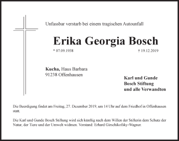 Traueranzeige von Erika Georgia Bosch von Hersbrucker Zeitung