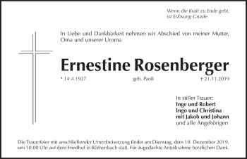 Traueranzeige von Ernestine Rosenberger von Pegnitz-Zeitung