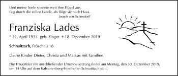 Traueranzeige von Franziska Lades von Pegnitz-Zeitung