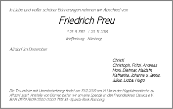 Traueranzeige von Friedrich Preu von Der Bote