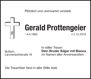 Traueranzeige von Gerald Prottengeier von Pegnitz-Zeitung
