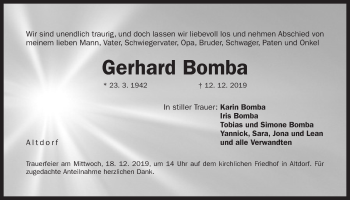 Traueranzeige von Gerhard Bomba von Der Bote