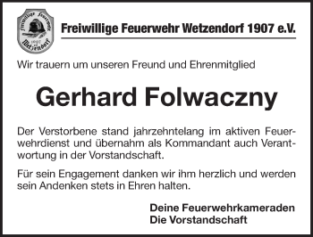 Traueranzeige von Gerhard Folwaczny von Pegnitz-Zeitung