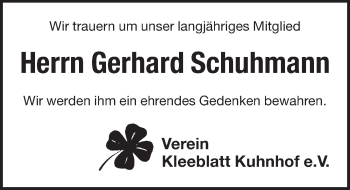 Traueranzeige von Gerhard Schuhmann von Pegnitz-Zeitung