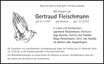 Traueranzeige von Gertraud Fleischmann von Hersbrucker Zeitung