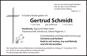 Traueranzeige von Gertrud Schmidt von Hersbrucker Zeitung
