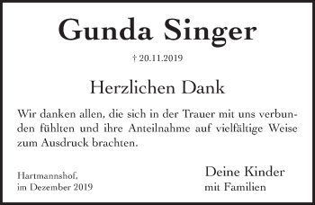 Traueranzeige von Gunda Singer von Hersbrucker Zeitung