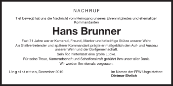 Traueranzeige von Hans Brunner von Der Bote