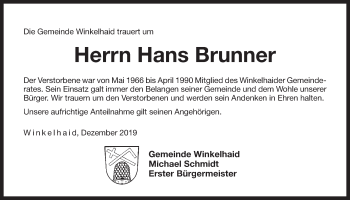 Traueranzeige von Hans Brunner von Der Bote