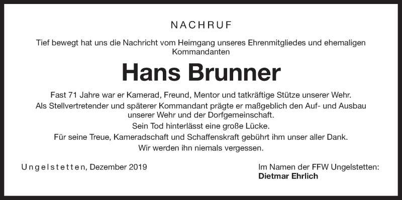  Traueranzeige für Hans Brunner vom 10.12.2019 aus Der Bote