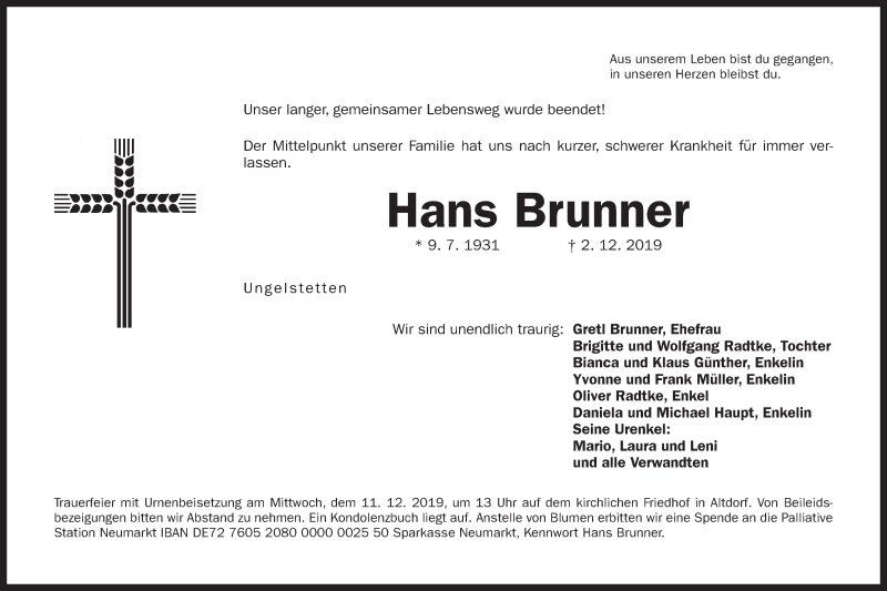  Traueranzeige für Hans Brunner vom 07.12.2019 aus Der Bote