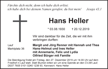 Traueranzeige von Hans Heller von Pegnitz-Zeitung