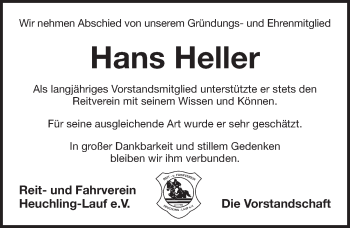 Traueranzeige von Hans Heller von Pegnitz-Zeitung