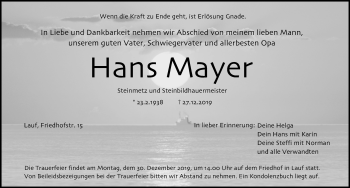 Traueranzeige von Hans Mayer von Pegnitz-Zeitung