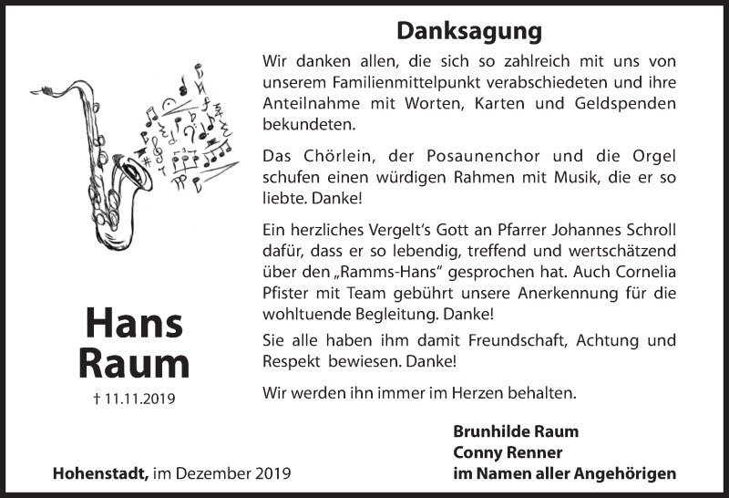  Traueranzeige für Hans Raum vom 07.12.2019 aus Hersbrucker Zeitung