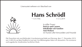 Traueranzeige von Hans Schrödl von Pegnitz-Zeitung