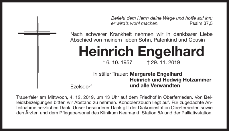  Traueranzeige für Heinrich Engelhard vom 02.12.2019 aus Der Bote