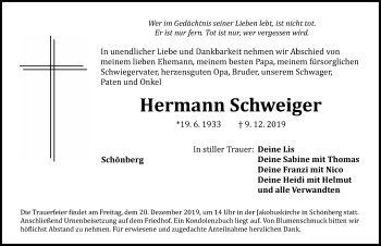 Traueranzeige von Hermann Schweiger von Pegnitz-Zeitung