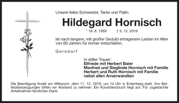 Traueranzeige von Hildegard Hornisch von Pegnitz-Zeitung