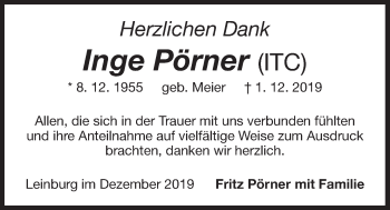 Traueranzeige von Inge Pörner von Der Bote