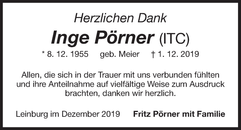  Traueranzeige für Inge Pörner vom 14.12.2019 aus Der Bote
