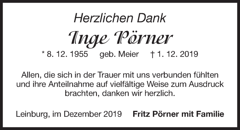  Traueranzeige für Inge Pörner vom 17.12.2019 aus Hersbrucker Zeitung