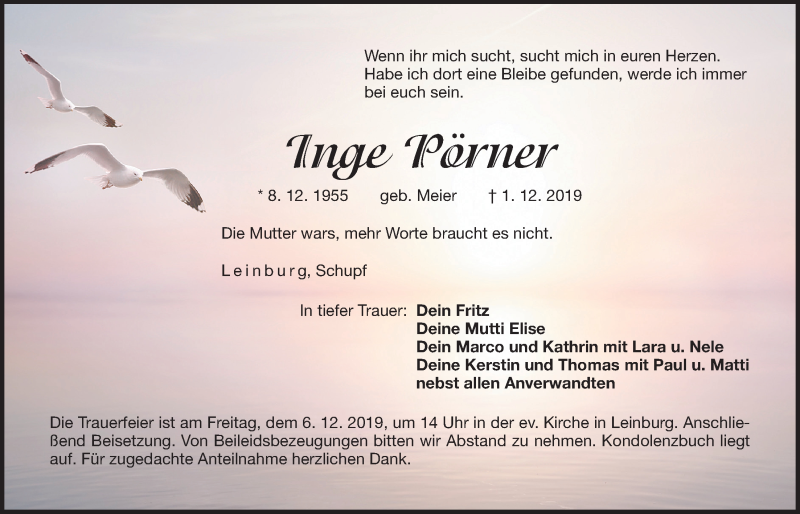  Traueranzeige für Inge Pörner vom 04.12.2019 aus Der Bote