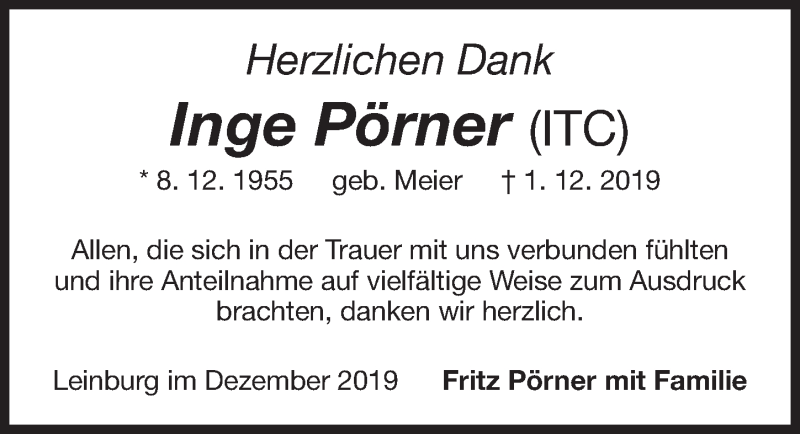  Traueranzeige für Inge Pörner vom 14.12.2019 aus Pegnitz-Zeitung