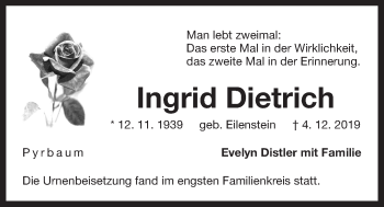Traueranzeige von Ingrid Dietrich von Der Bote