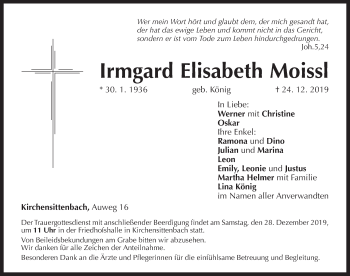 Traueranzeige von Irmgard Elisabeth Moissl von Hersbrucker Zeitung