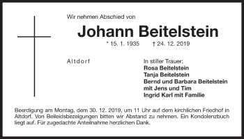 Traueranzeige von Johann Beitelstein von Der Bote