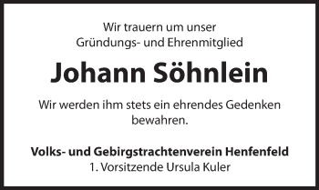 Traueranzeige von Johann Söhnlein von Hersbrucker Zeitung