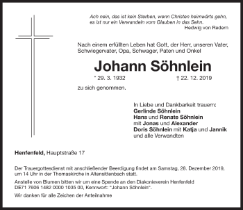 Traueranzeige von Johann Söhnlein von Hersbrucker Zeitung