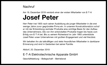 Traueranzeige von Josef Peter von Der Bote