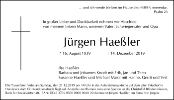 Traueranzeige von Jürgen Haeßler von Hersbrucker Zeitung