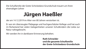 Traueranzeige von Jürgen Haeßler von Hersbrucker Zeitung