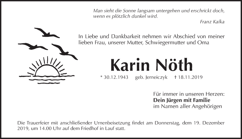  Traueranzeige für Karin Nöth vom 14.12.2019 aus Pegnitz-Zeitung