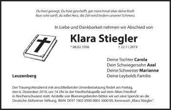 Traueranzeige von Klara Stiegler von Hersbrucker Zeitung