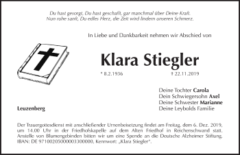 Traueranzeige von Klara Stiegler von Pegnitz-Zeitung