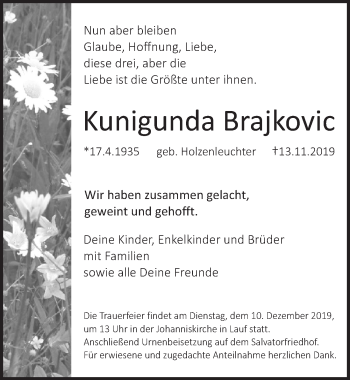 Traueranzeige von Kunigunda Brajkovic von Pegnitz-Zeitung