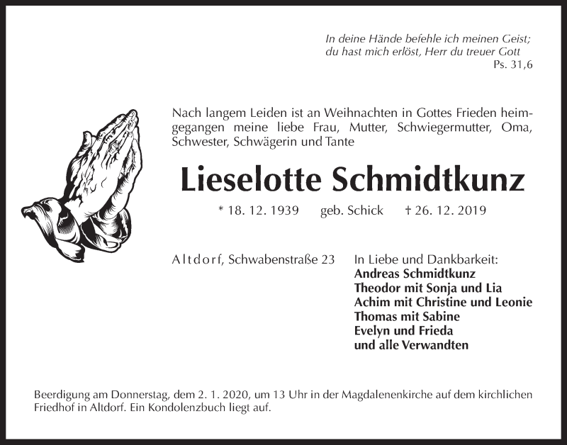  Traueranzeige für Lieselotte Schmidtkunz vom 31.12.2019 aus Der Bote