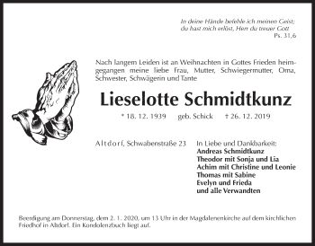 Traueranzeige von Lieselotte Schmidtkunz von Der Bote
