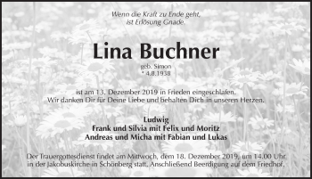 Traueranzeige von Lina Buchner von Pegnitz-Zeitung