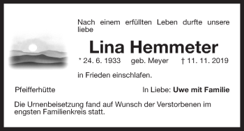 Traueranzeige von Lina Hemmeter von Der Bote