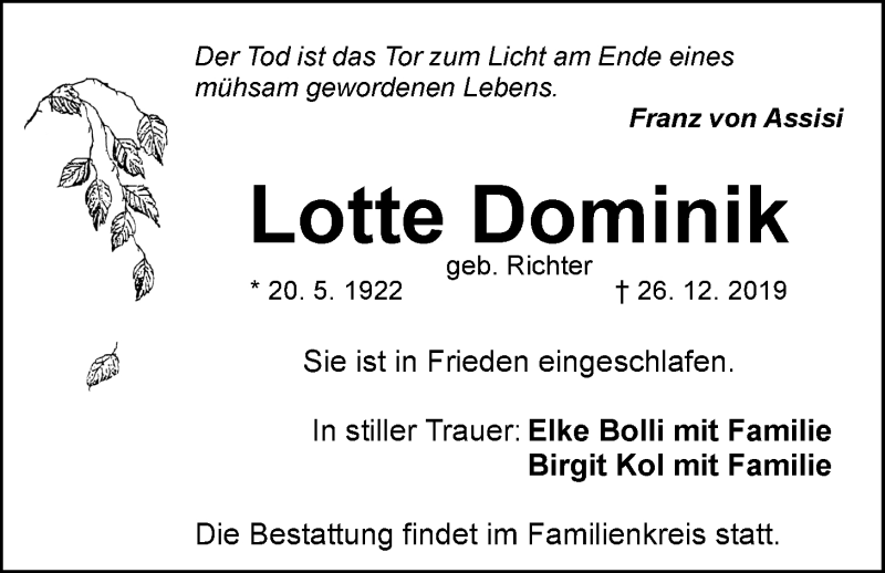  Traueranzeige für Lotte Dominik vom 31.12.2019 aus Der Bote