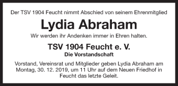 Traueranzeige von Lydia Abraham von Der Bote