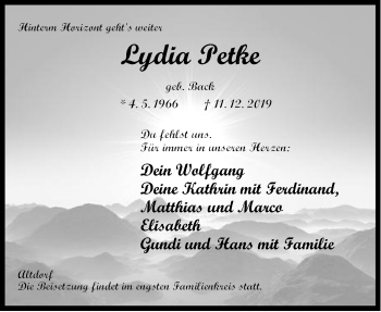 Traueranzeige von Lydia Petke von Der Bote