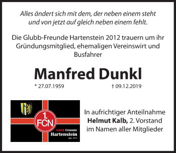 Traueranzeige von Manfred Dunkl von Hersbrucker Zeitung